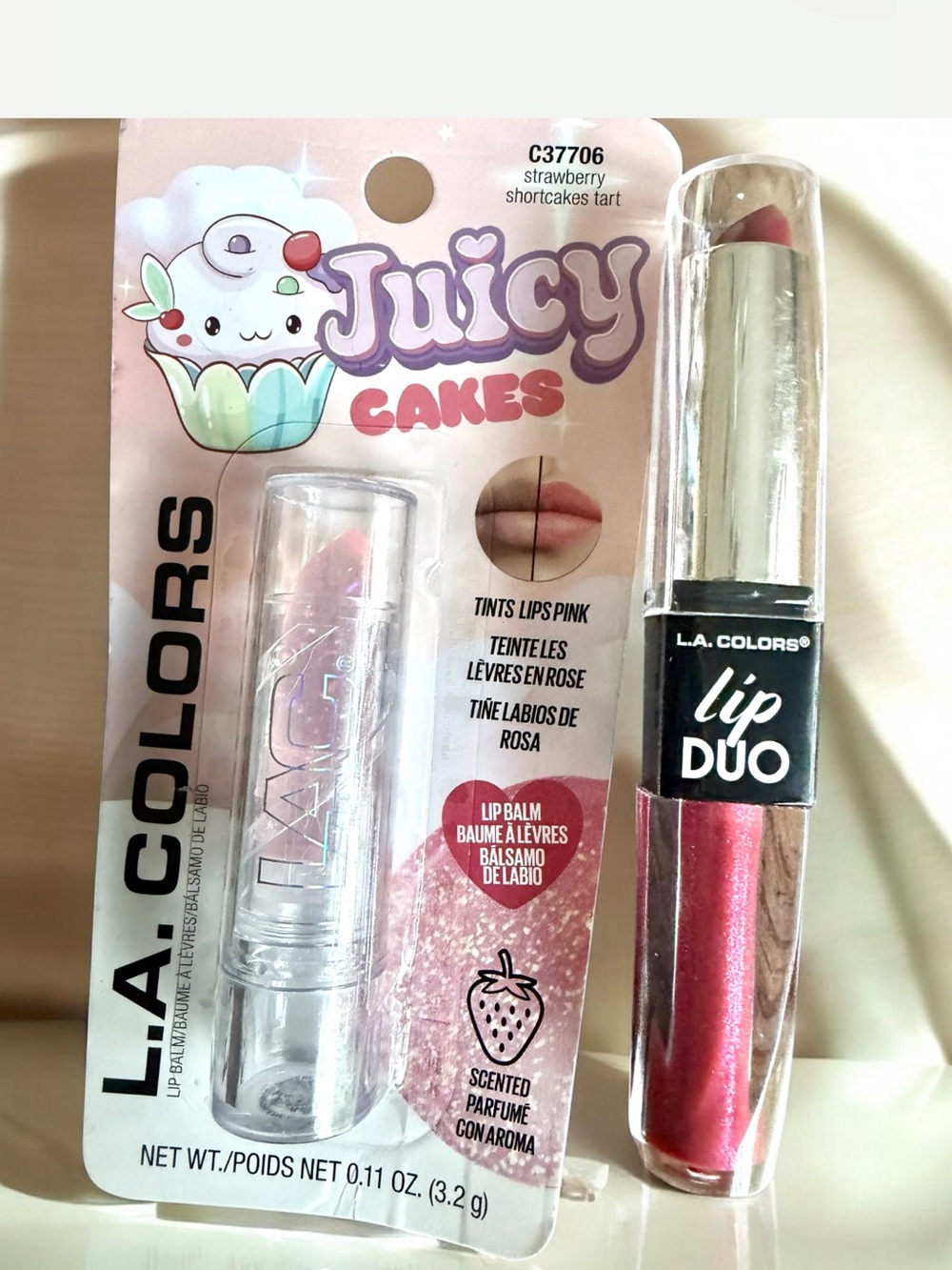 L.A. COLORS Strawberry pink Lip tint and lipstick and matching gloss Duo